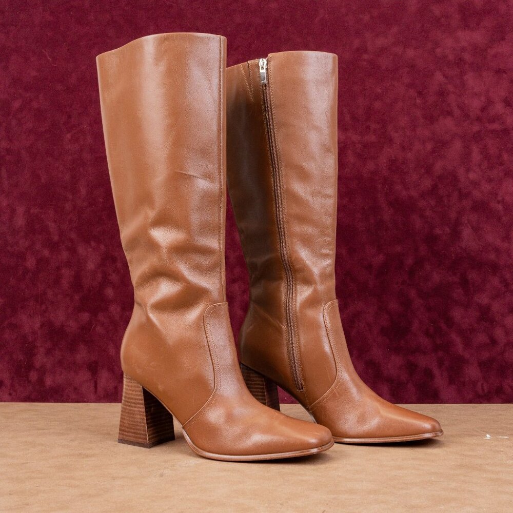 Marc Fisher Women Dreeam Brown Leather Block Heel Square Toe Tall Boots sz 9.5